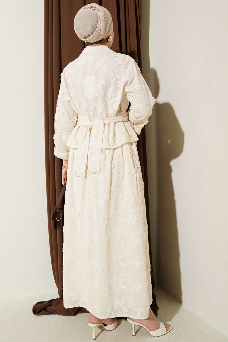 Belted Floral Broderie Skirt Set - Beige