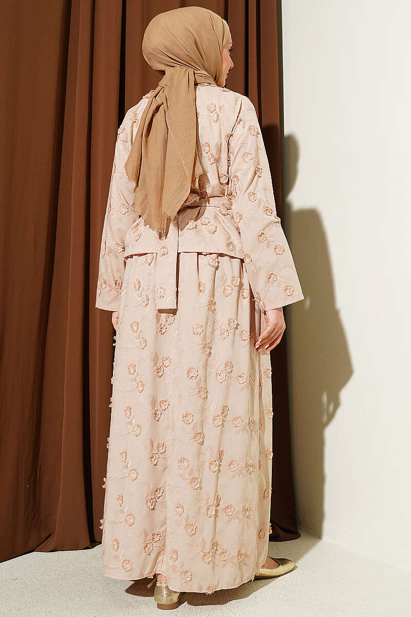 Belted Floral Broderie Skirt Set - Latte