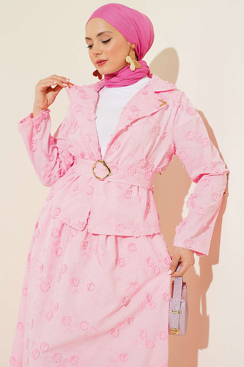 Belted Floral Broderie Skirt Set - Pink