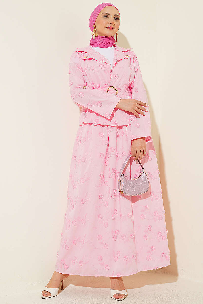 Belted Floral Broderie Skirt Set - Pink