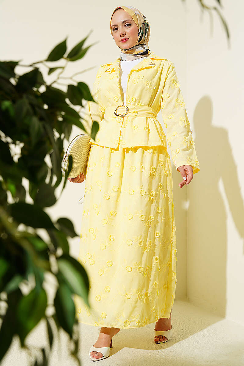 Belted Floral Broderie Skirt Set - Yellow