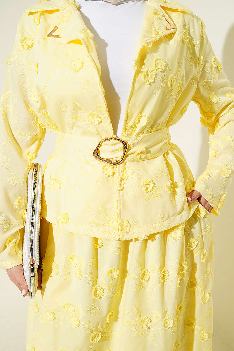 Belted Floral Broderie Skirt Set - Yellow