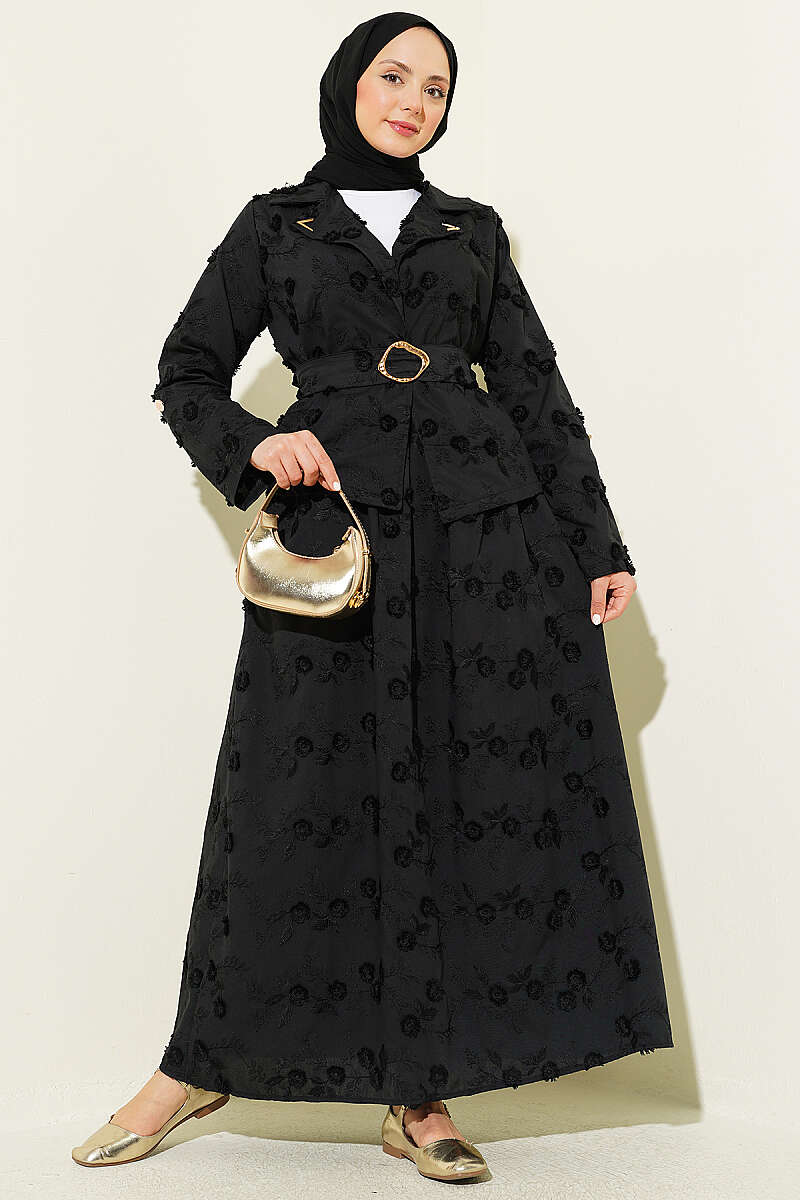 Belted Floral Broderie Skirt Set - Black