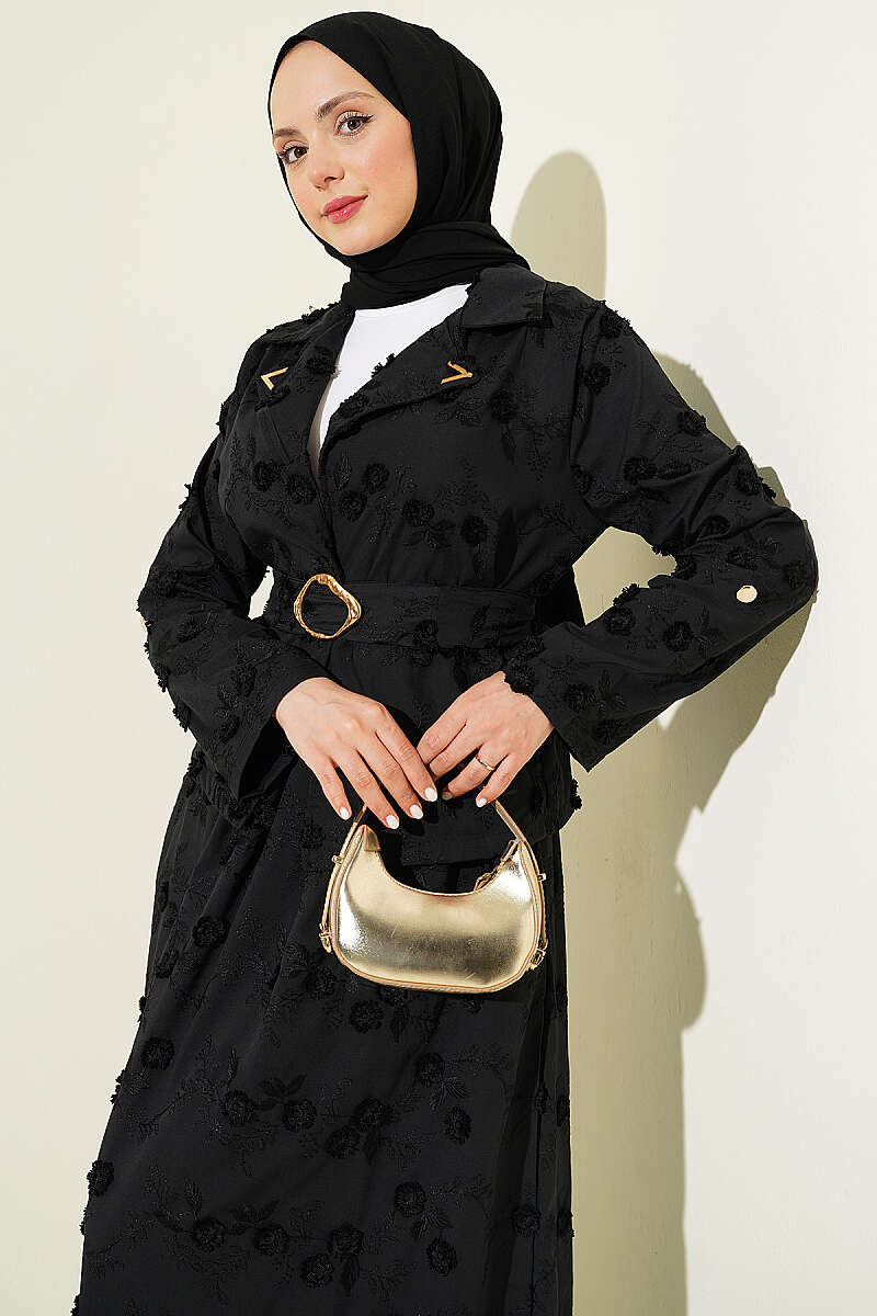 Belted Floral Broderie Skirt Set - Black