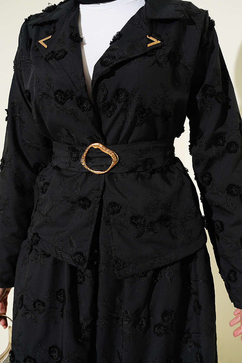 Belted Floral Broderie Skirt Set - Black