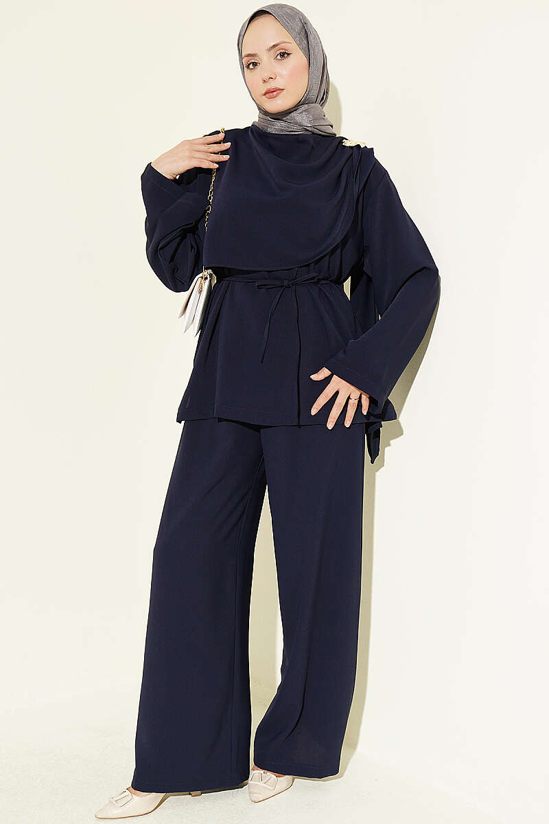 Two-Piece Set with Flower Brooch - Navy