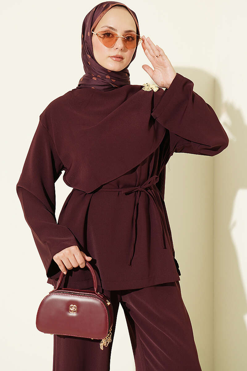 Two-Piece Set with Flower Brooch - Plum