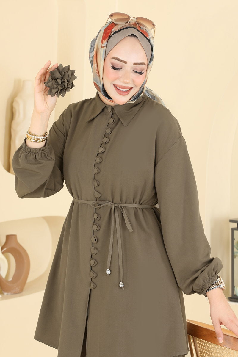 Cupro Two-Piece Set with Flower Brooch - Light Khaki