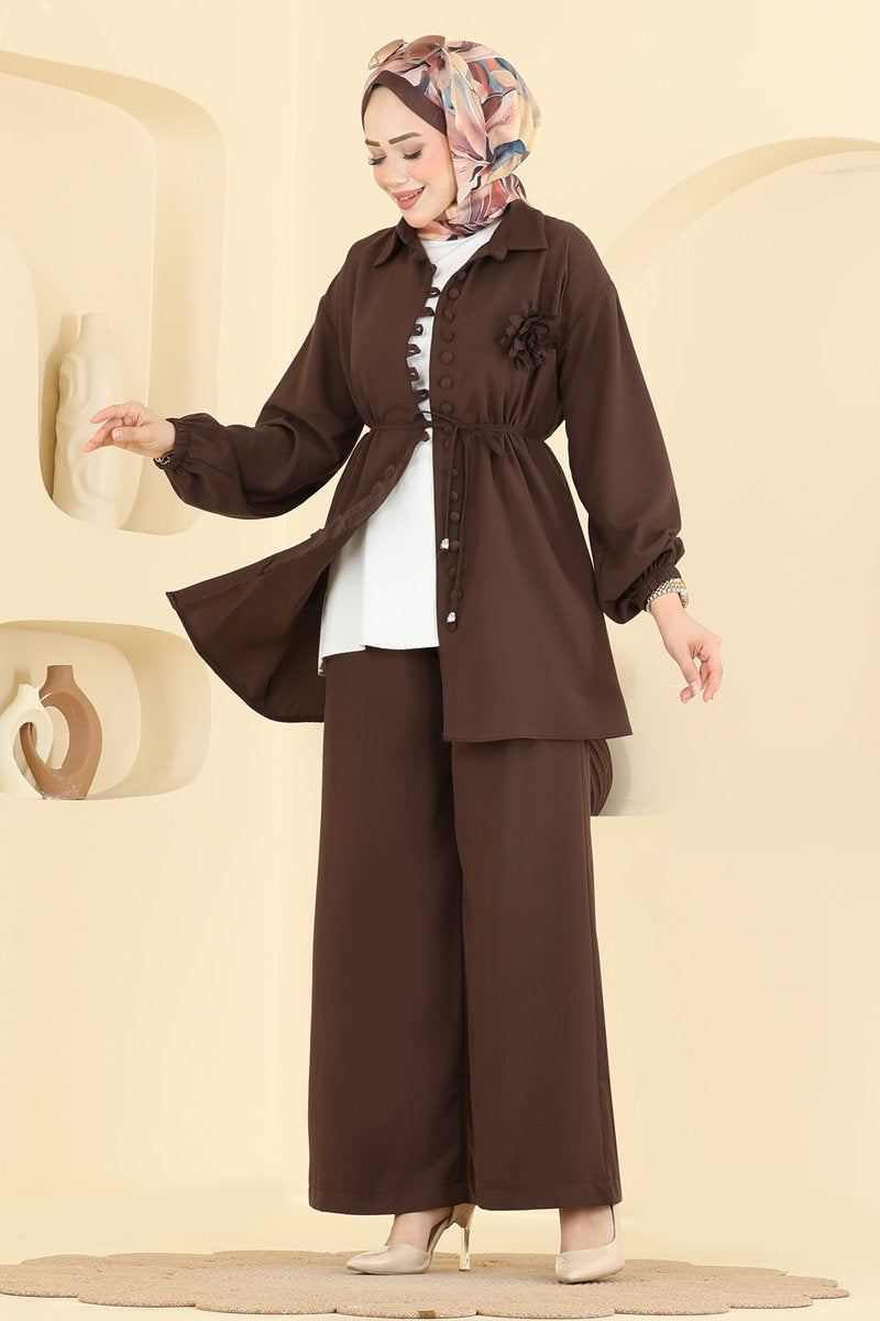 Cupro Two-Piece Set with Flower Brooch - Brown