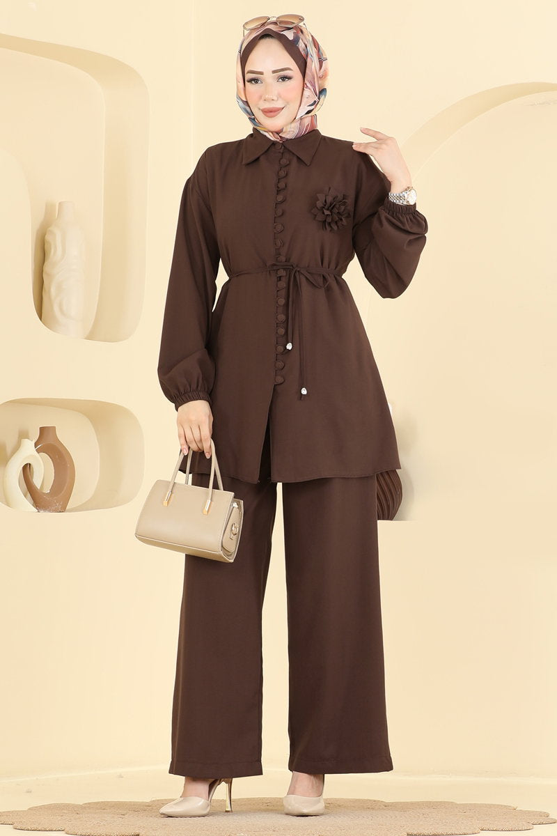 Cupro Two-Piece Set with Flower Brooch - Brown
