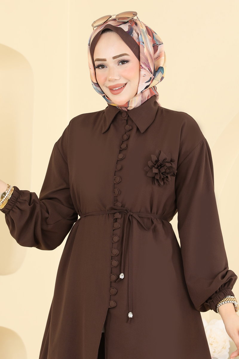 Cupro Two-Piece Set with Flower Brooch - Brown