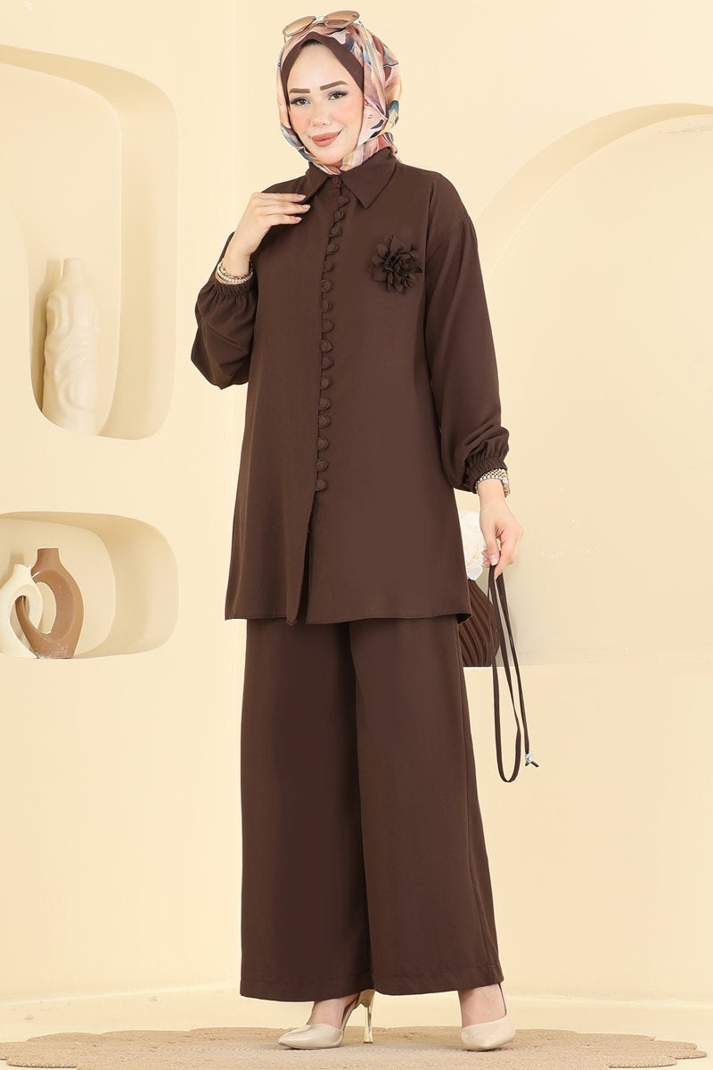 Cupro Two-Piece Set with Flower Brooch - Brown