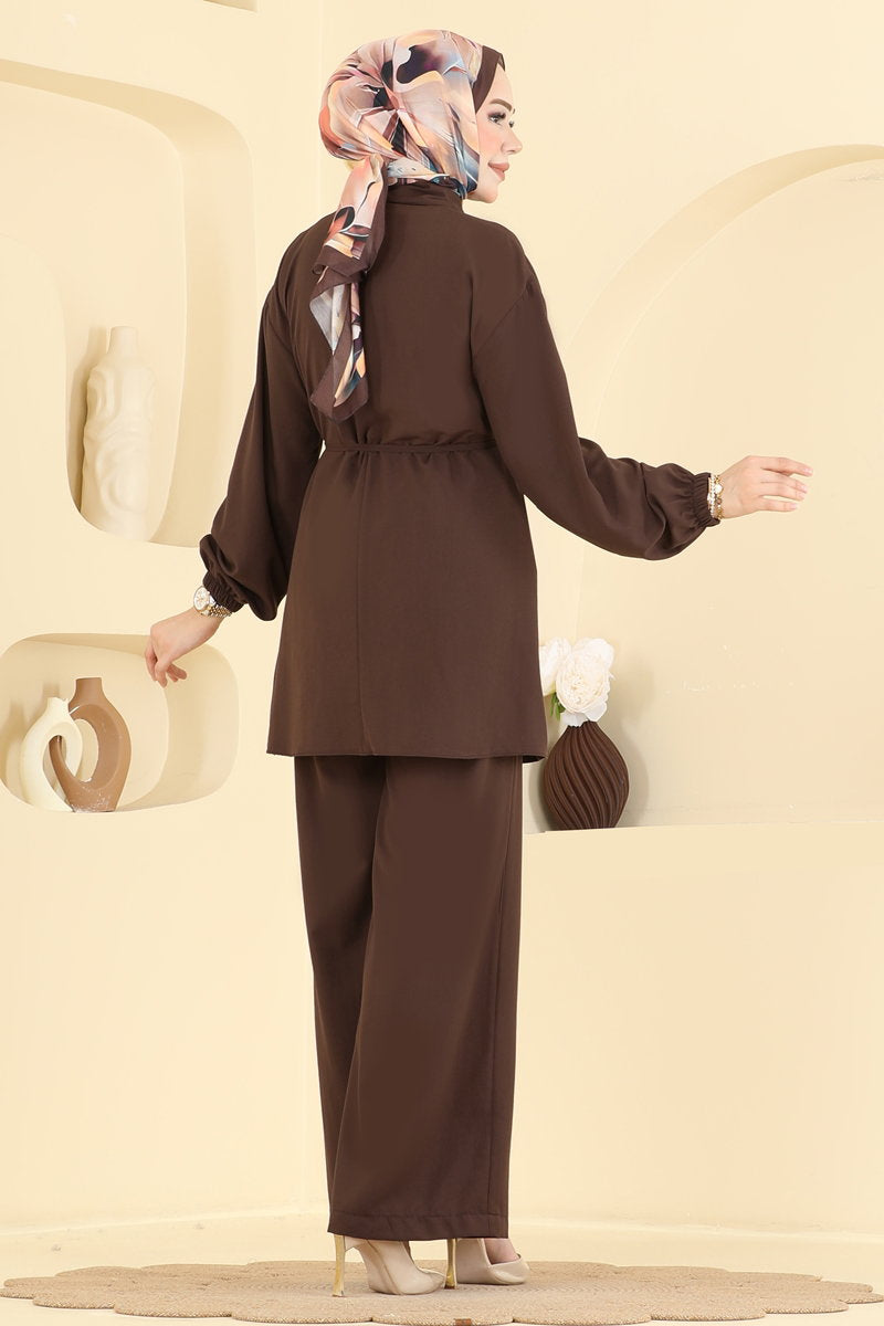 Cupro Two-Piece Set with Flower Brooch - Brown