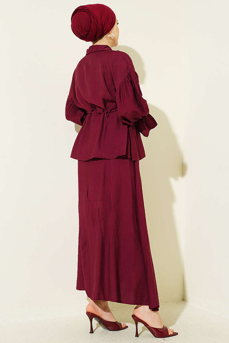 Skirt Set with Flower Brooch and Drawstring Waist - Burgundy