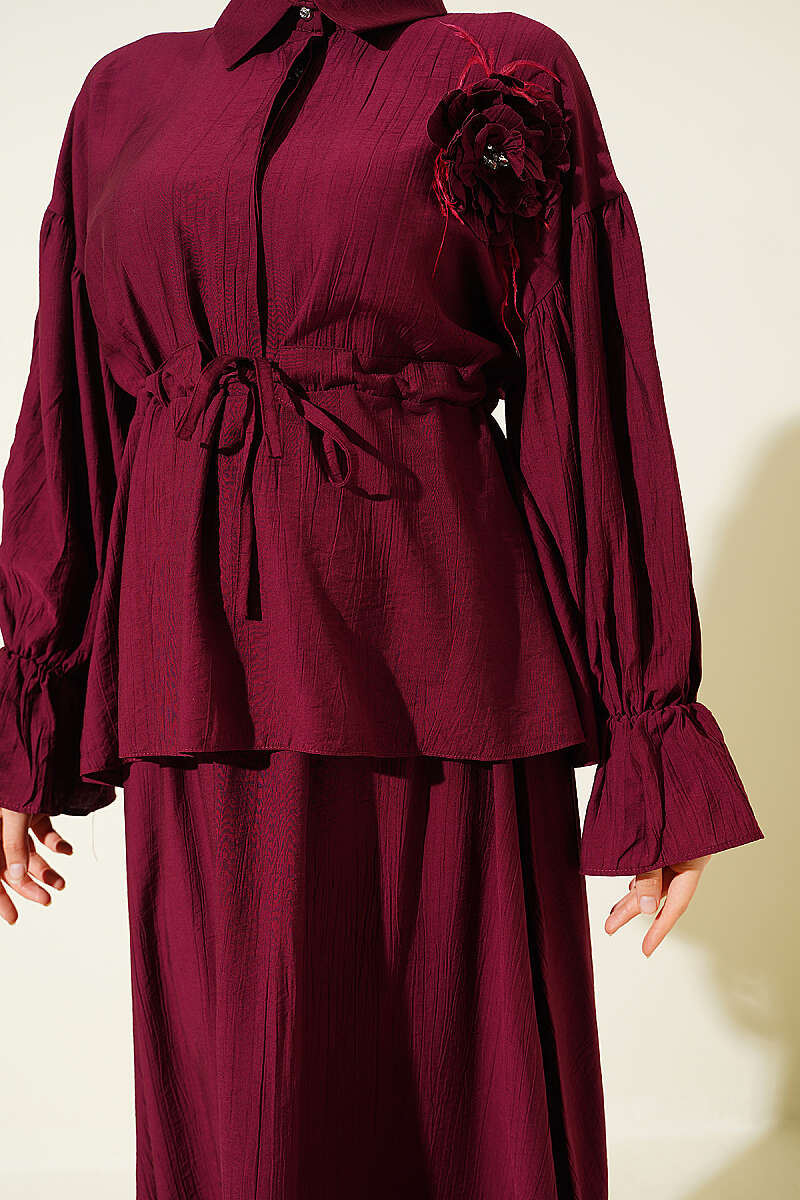Skirt Set with Flower Brooch and Drawstring Waist - Burgundy