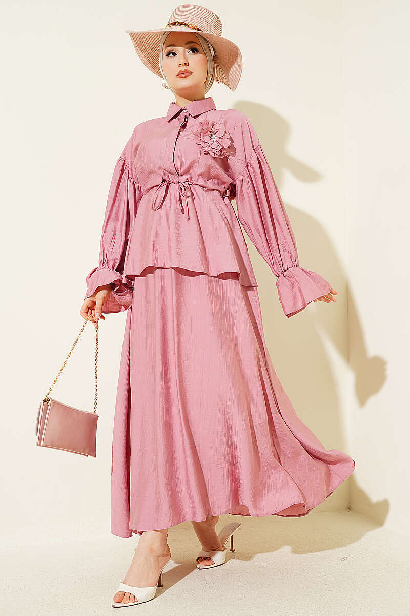 Skirt Set with Flower Brooch and Drawstring Waist - Dusty Rose