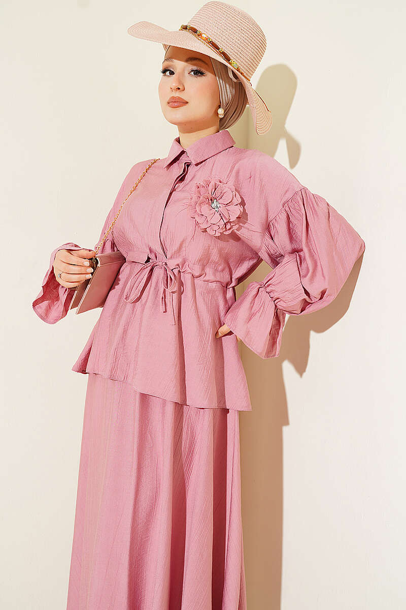 Skirt Set with Flower Brooch and Drawstring Waist - Dusty Rose