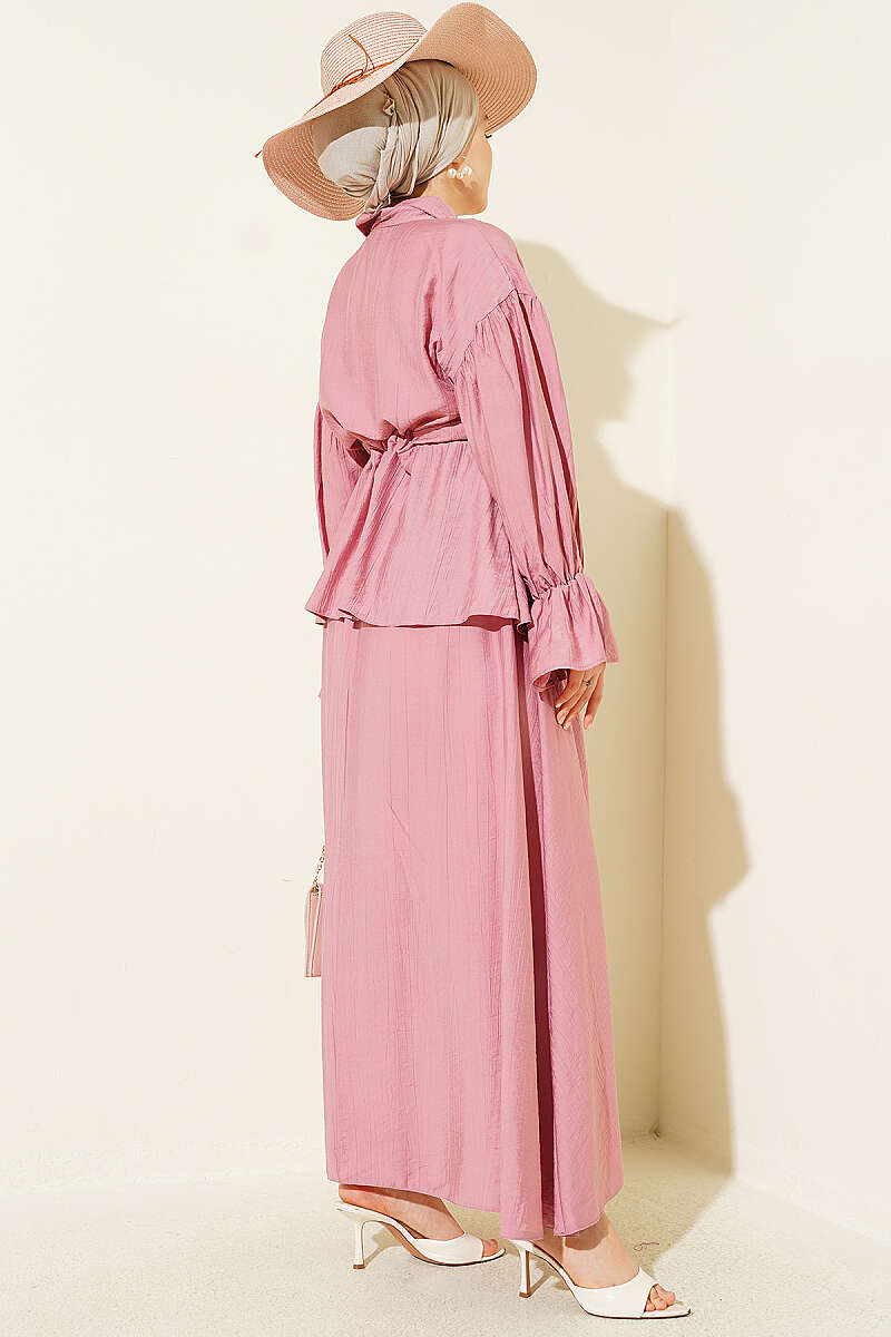 Skirt Set with Flower Brooch and Drawstring Waist - Dusty Rose