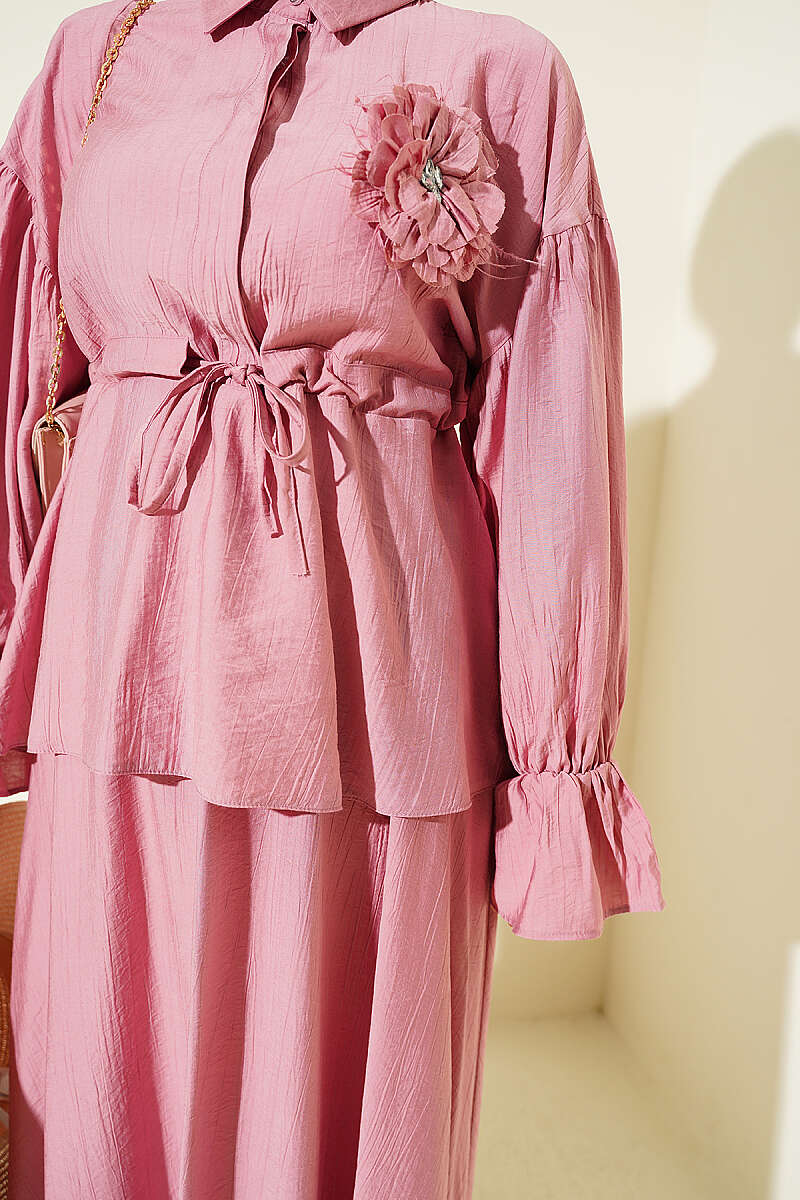 Skirt Set with Flower Brooch and Drawstring Waist - Dusty Rose