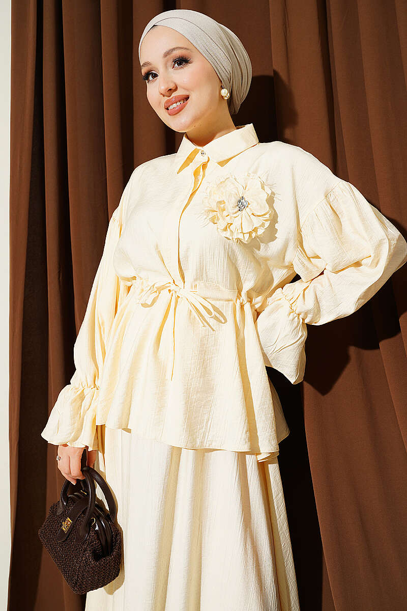 Skirt Set with Flower Brooch and Drawstring Waist - Lime