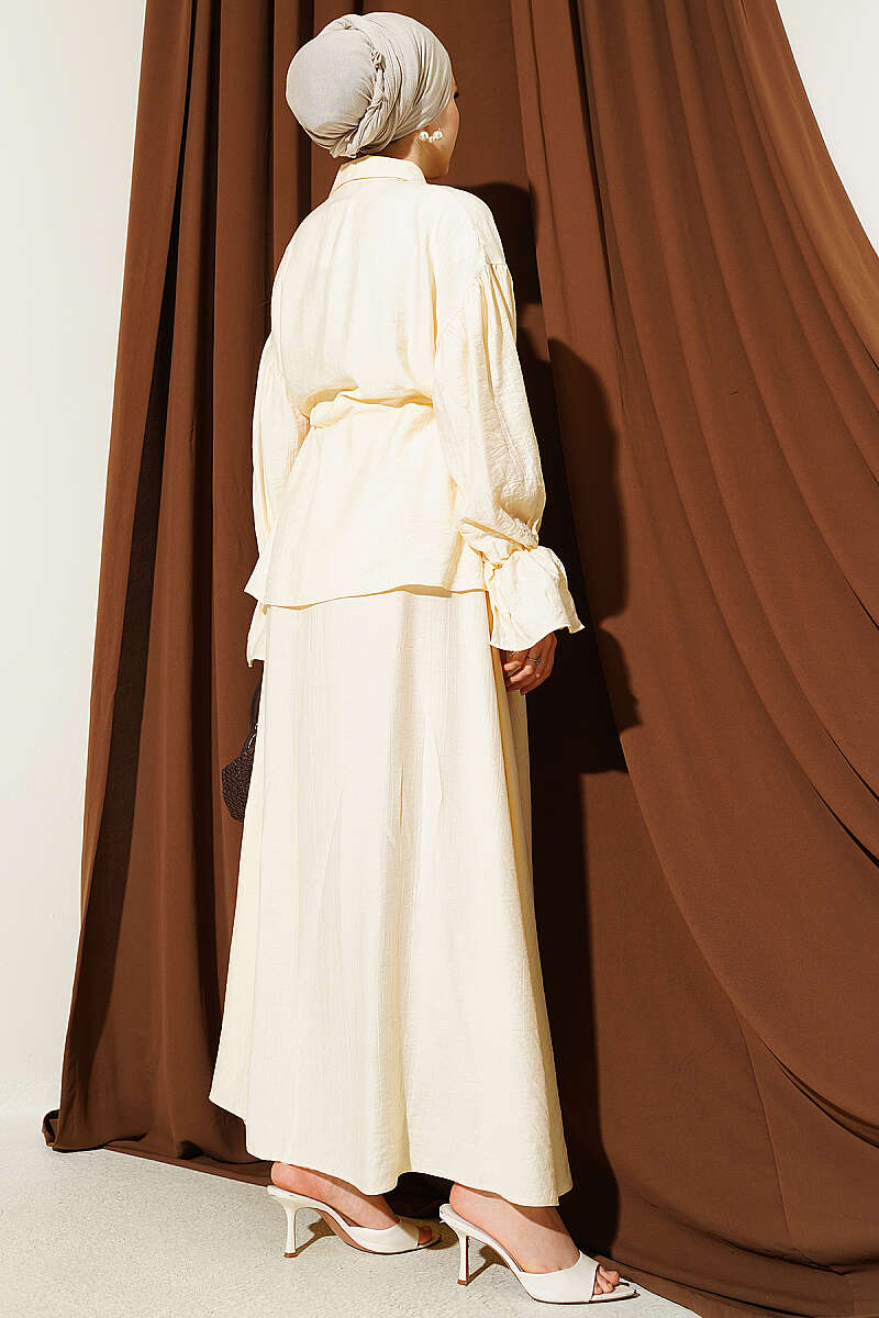 Skirt Set with Flower Brooch and Drawstring Waist - Lime