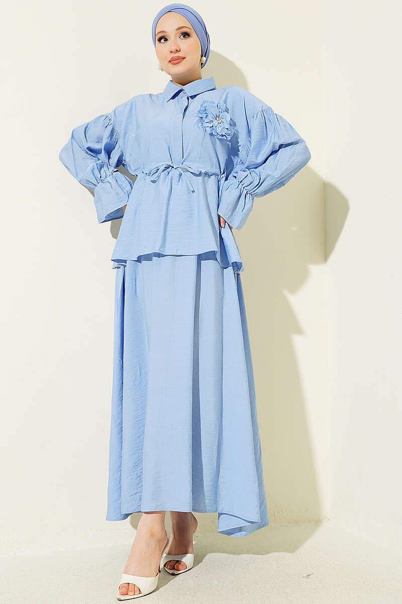 Skirt Set with Flower Brooch and Drawstring Waist - Blue