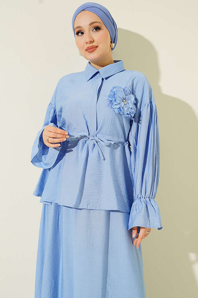 Skirt Set with Flower Brooch and Drawstring Waist - Blue