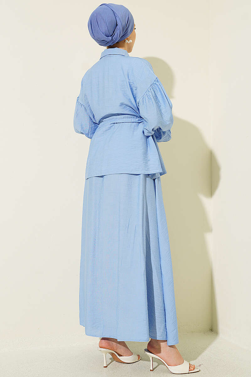 Skirt Set with Flower Brooch and Drawstring Waist - Blue