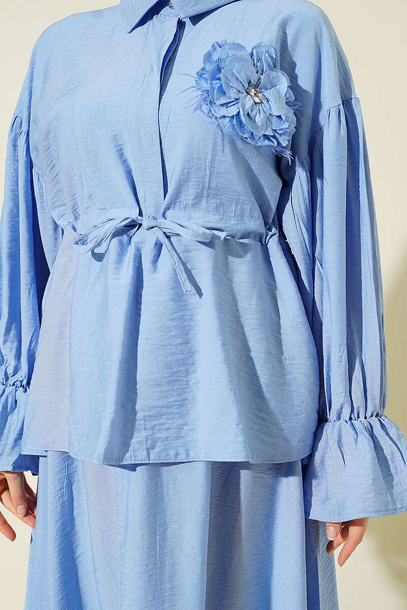 Skirt Set with Flower Brooch and Drawstring Waist - Blue