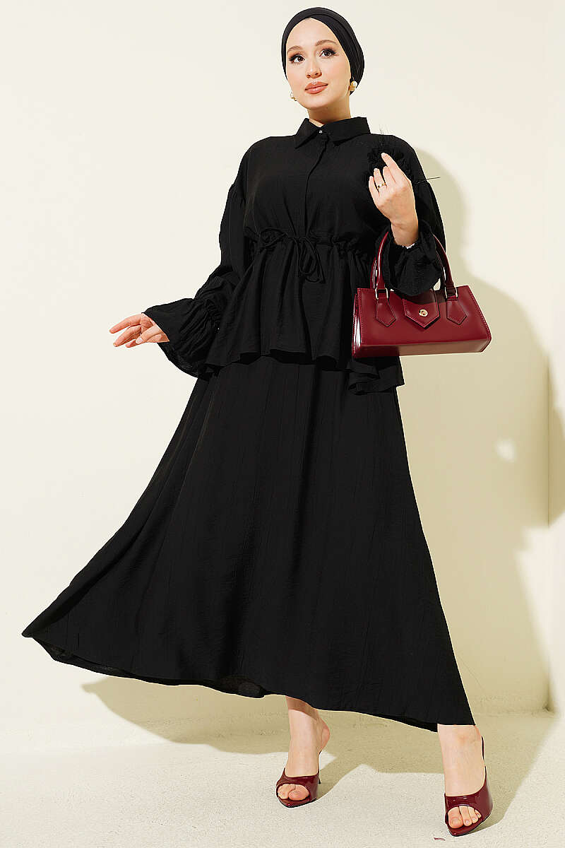 Skirt Set with Flower Brooch and Drawstring Waist - Black