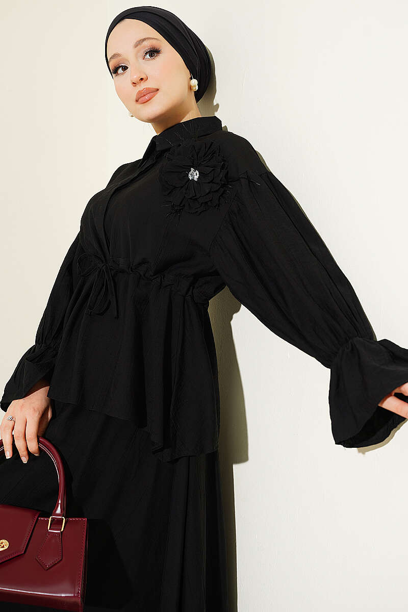 Skirt Set with Flower Brooch and Drawstring Waist - Black
