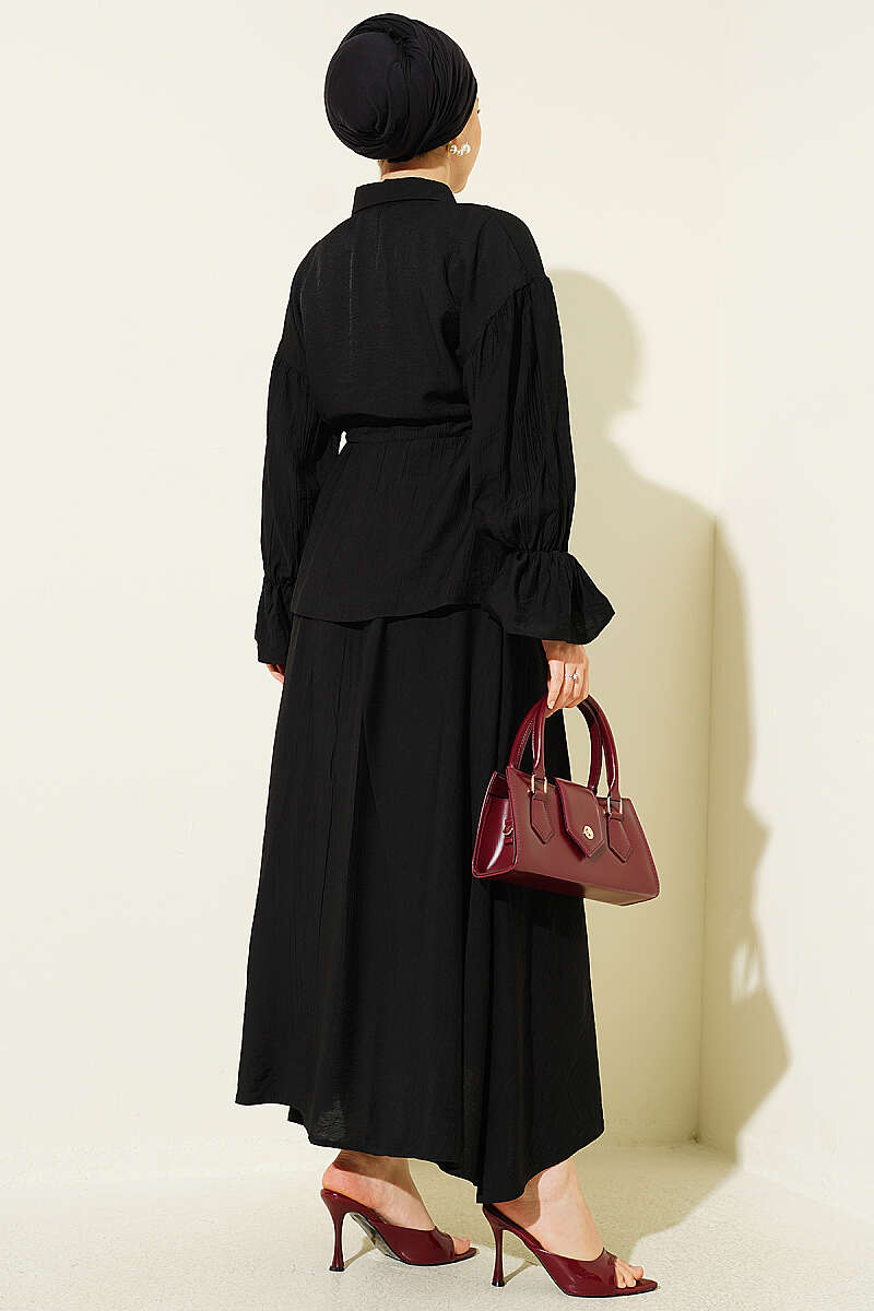 Skirt Set with Flower Brooch and Drawstring Waist - Black