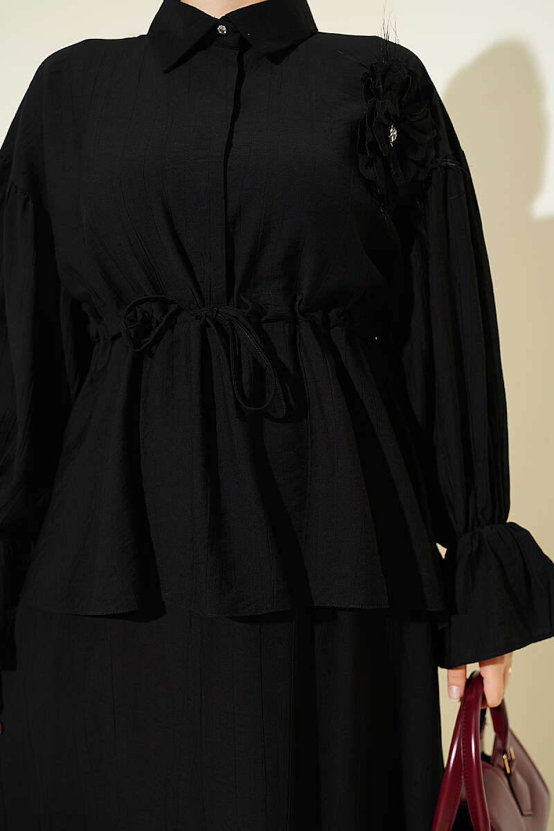 Skirt Set with Flower Brooch and Drawstring Waist - Black