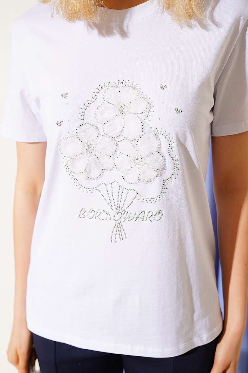 Flower Bouquet T-Shirt with Stones - White