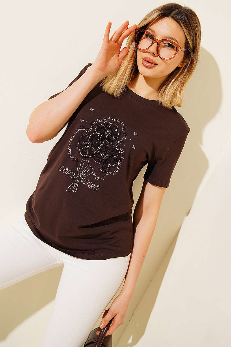 Flower Bouquet T-Shirt with Stones - Brown