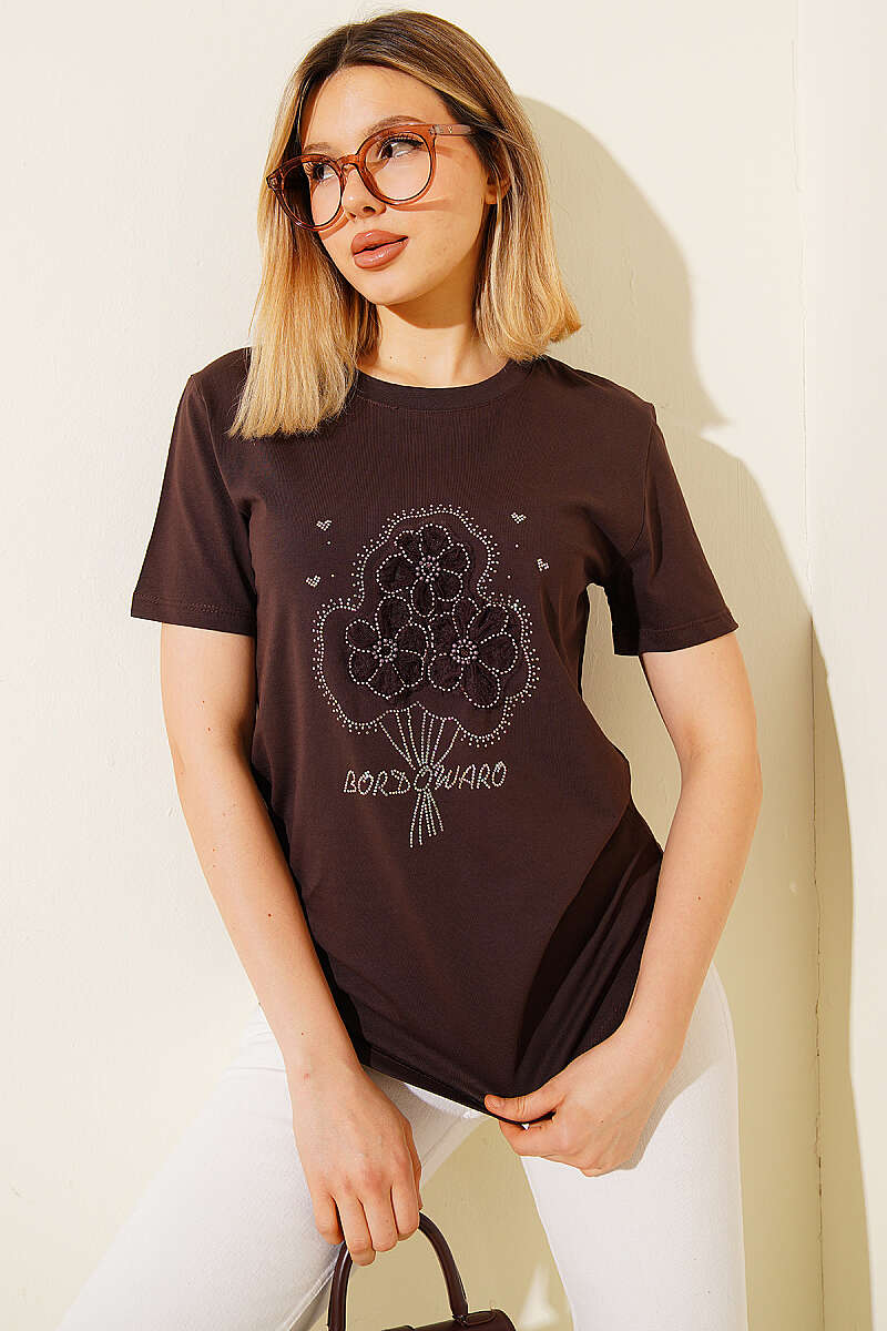 Flower Bouquet T-Shirt with Stones - Brown