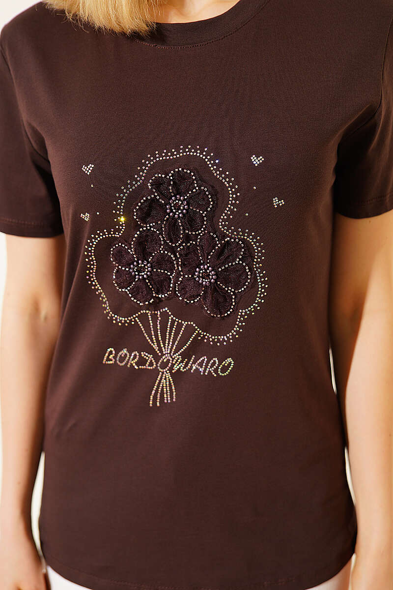 Flower Bouquet T-Shirt with Stones - Brown