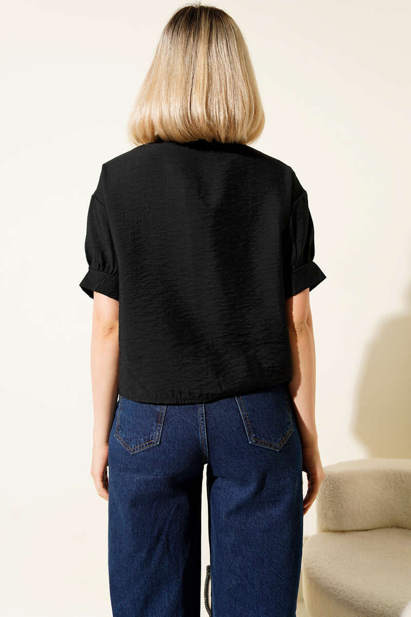 Floral Lace Tie Shirt - Black