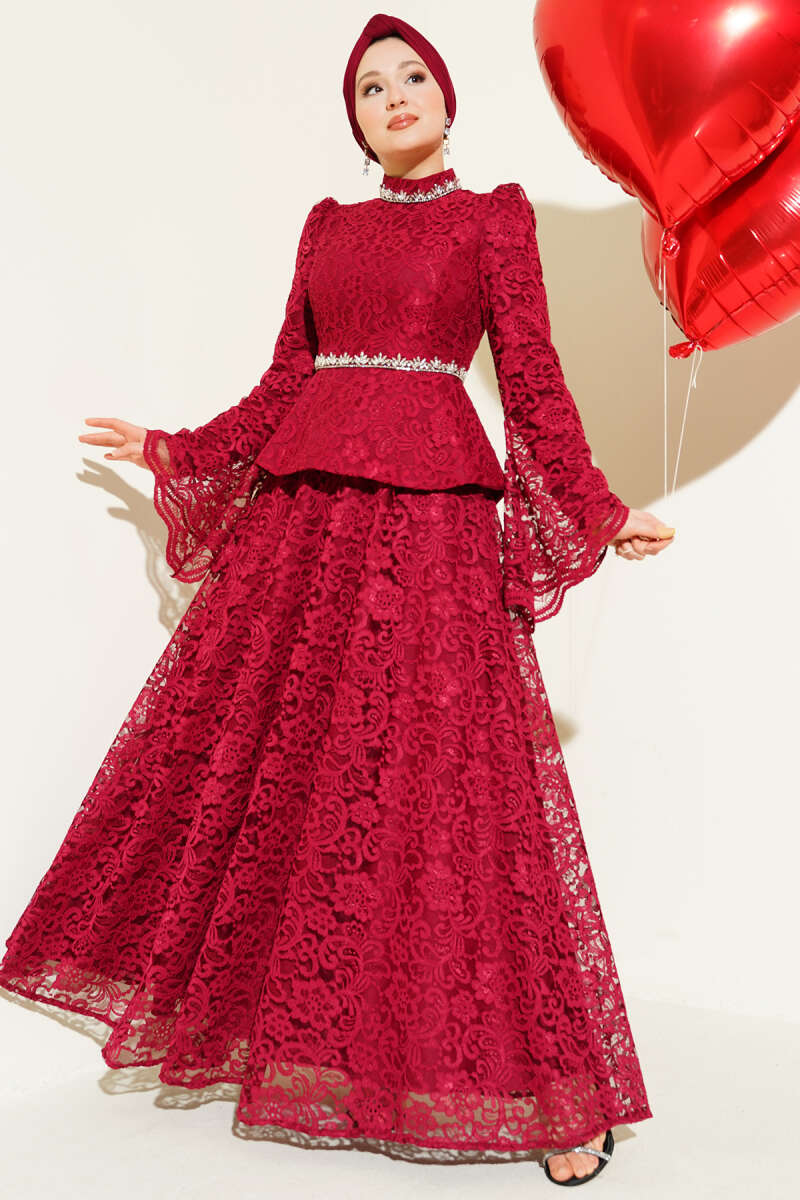 Floral Lace Stone Evening Two-Piece Set - Burgundy