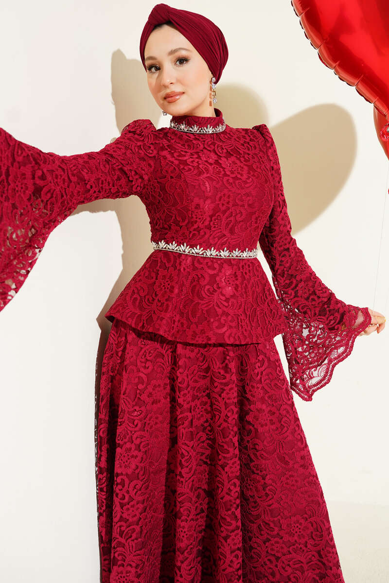 Floral Lace Stone Evening Two-Piece Set - Burgundy