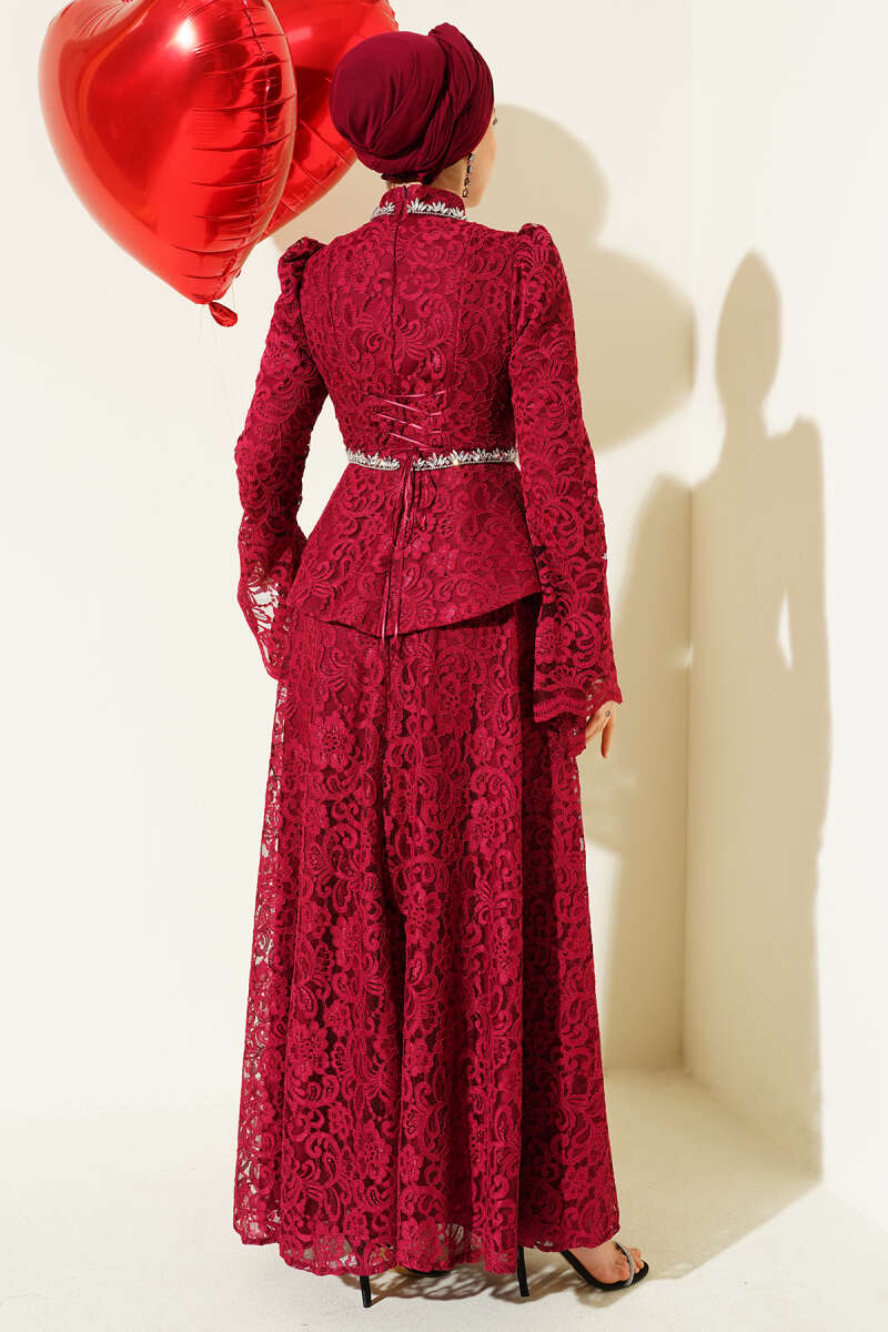 Floral Lace Stone Evening Two-Piece Set - Burgundy