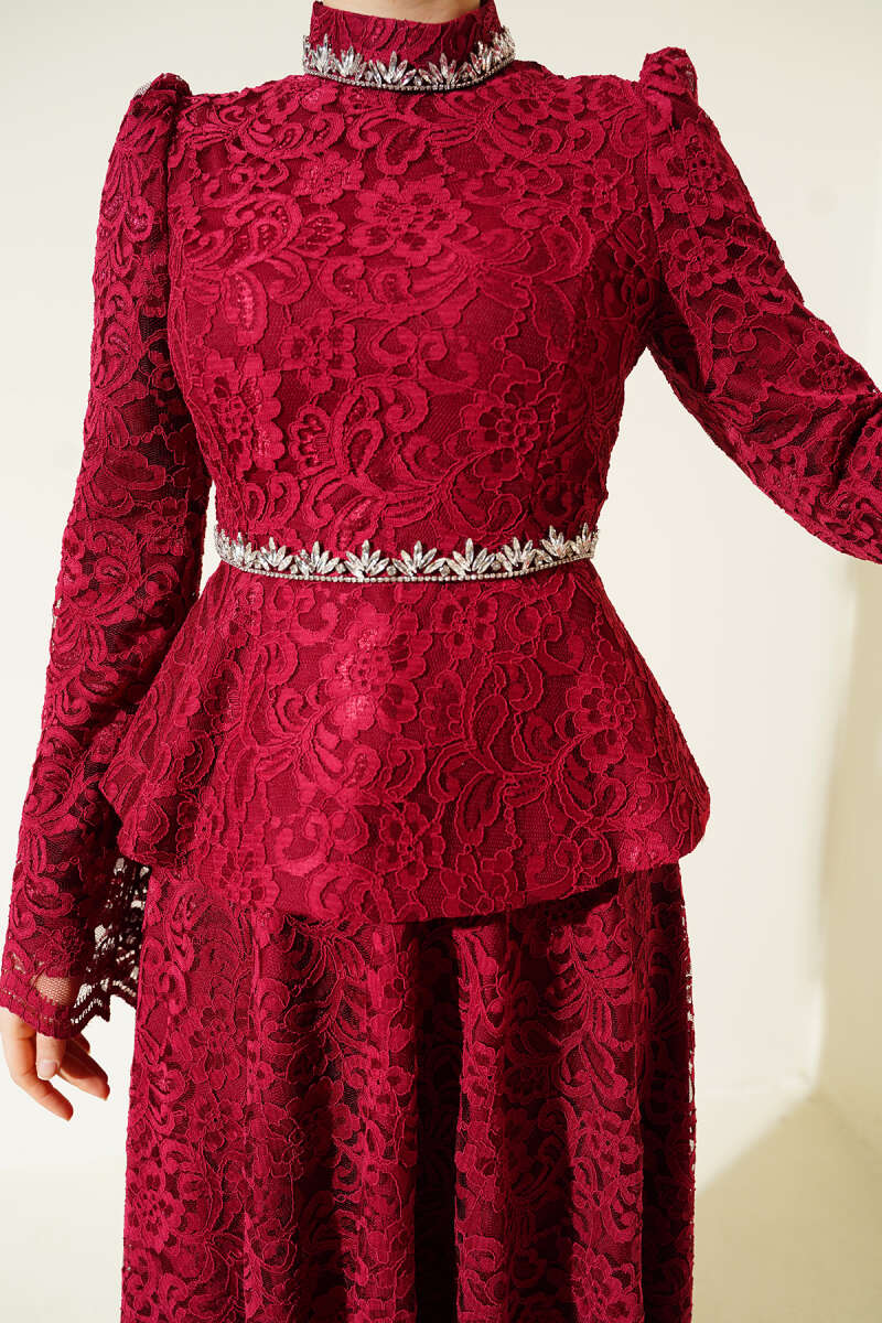 Floral Lace Stone Evening Two-Piece Set - Burgundy
