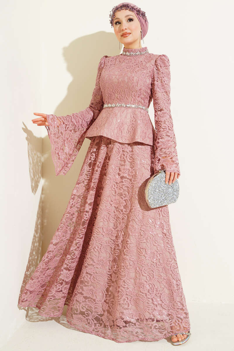 Floral Lace Stone Evening Two-Piece Set - Dusty Rose