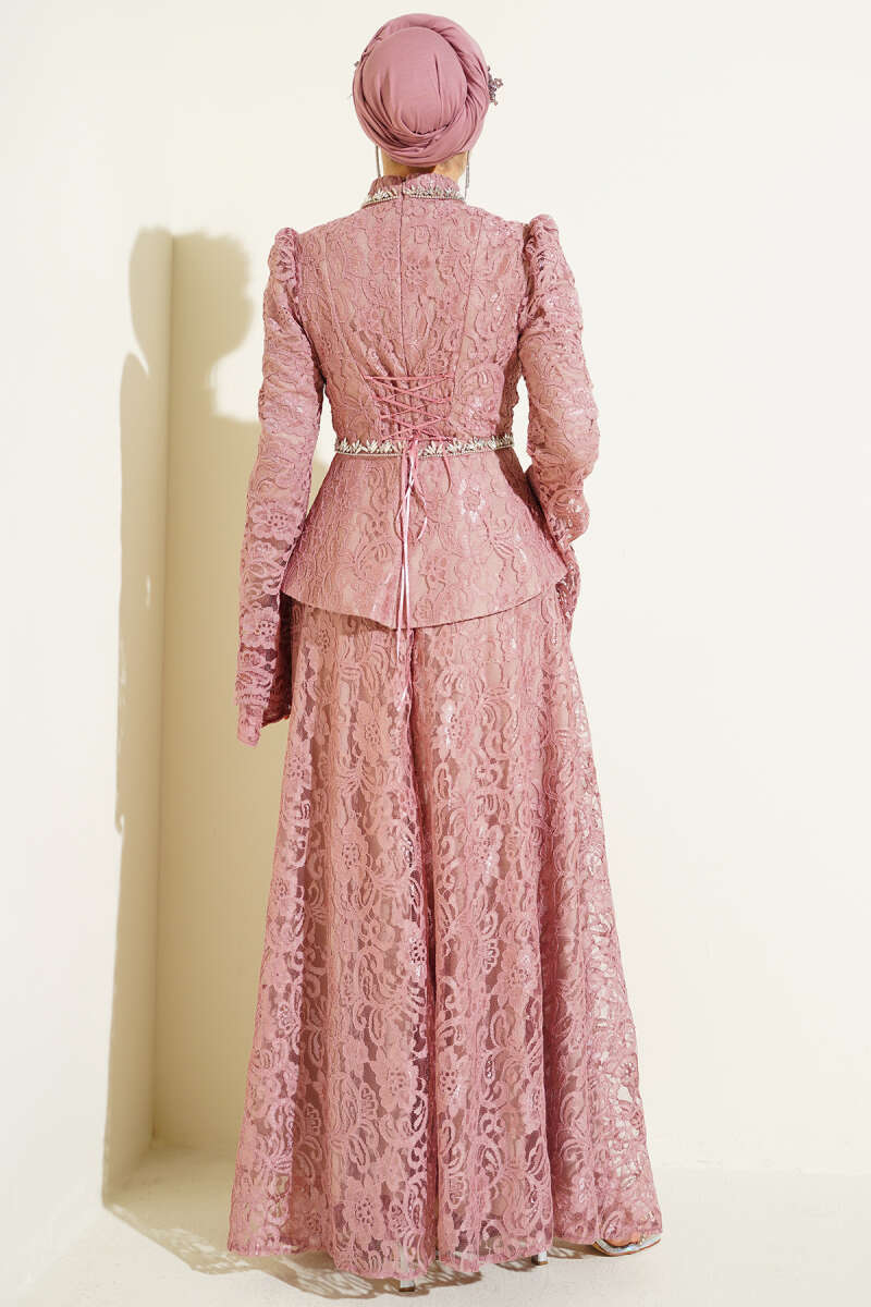 Floral Lace Stone Evening Two-Piece Set - Dusty Rose