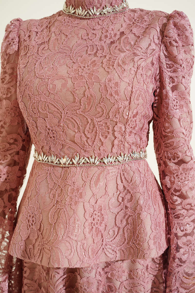 Floral Lace Stone Evening Two-Piece Set - Dusty Rose