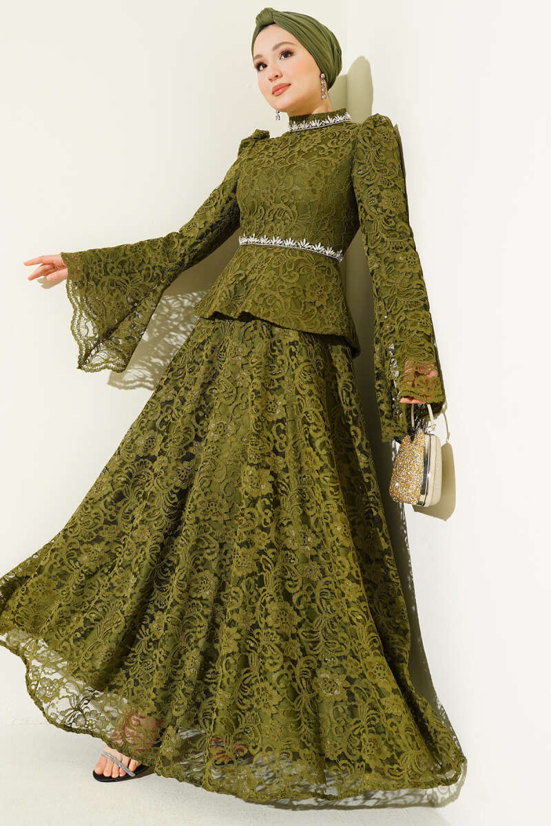 Floral Lace Stone Evening Two-Piece Set - Khaki