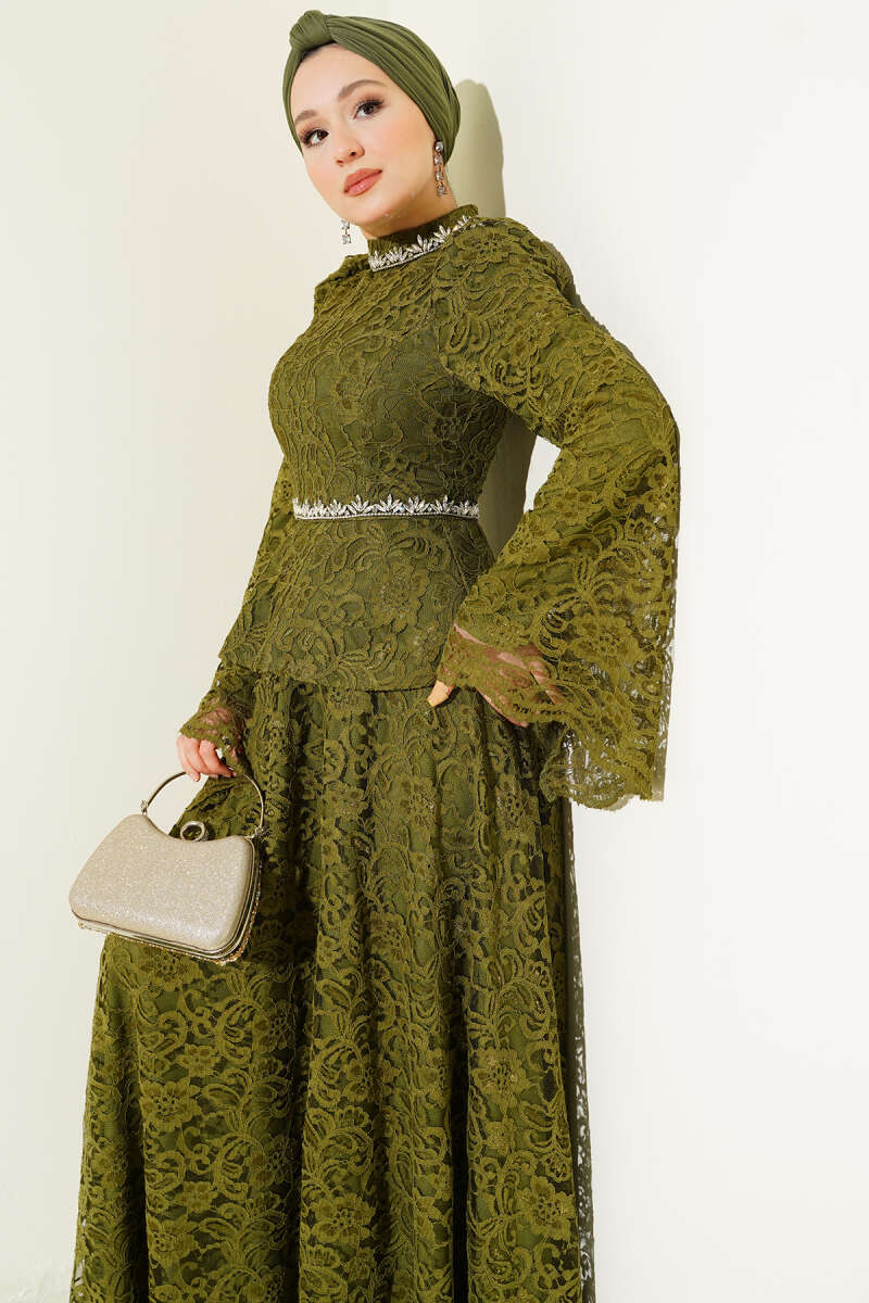 Floral Lace Stone Evening Two-Piece Set - Khaki