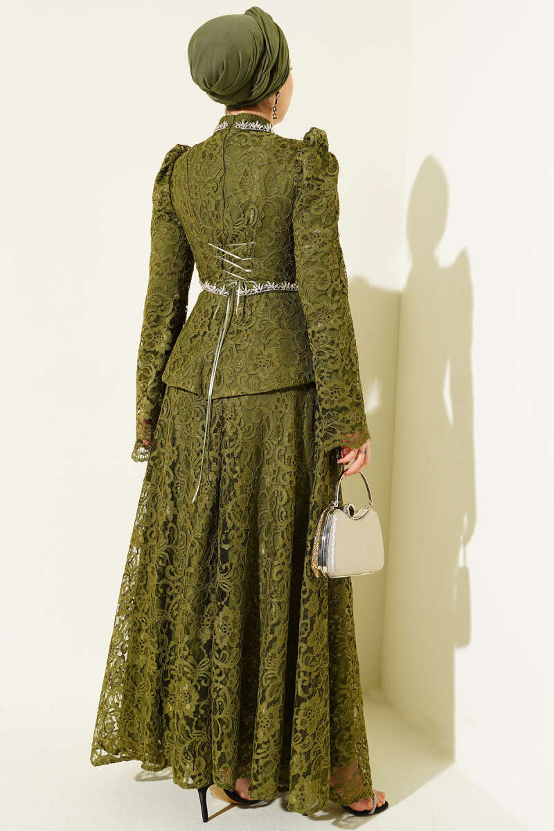 Floral Lace Stone Evening Two-Piece Set - Khaki