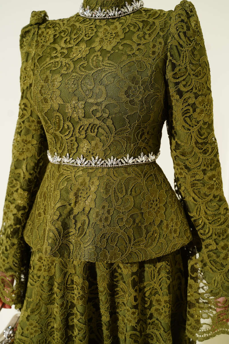 Floral Lace Stone Evening Two-Piece Set - Khaki