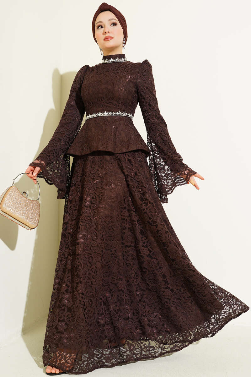Floral Lace Stone Evening Two-Piece Set - Brown